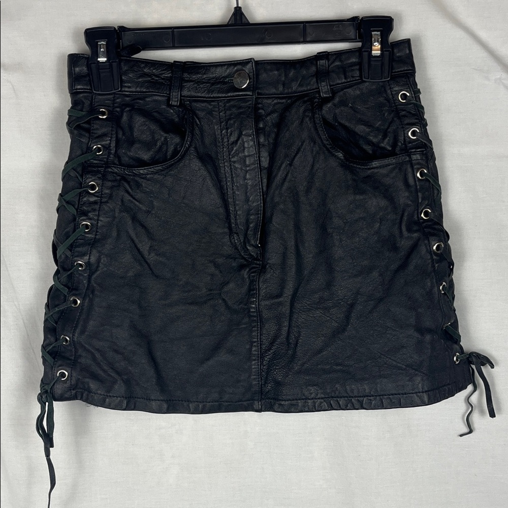 First Genuine Leather Black Lace Up Mini Skirt
